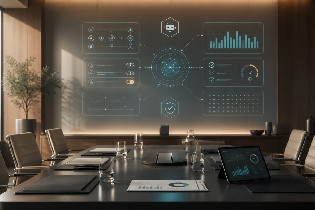 Boardroom with AI agent governance diagrams, audit trails, and permission controls